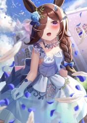Rule 34 | 1girl, absurdres, animal ears, bird, blue flower, blue rose, blue sky, blurry, blurry background, blush, braid, braided ponytail, bride, brown hair, church, commentary request, day, dove, dress, flower, gloves, hair flower, hair ornament, hair over one eye, highres, horse ears, horse girl, long hair, looking at viewer, official alternate costume, official alternate hairstyle, open mouth, outdoors, petals, purple eyes, rice shower (longed-for scenery) (umamusume), rice shower (umamusume), rose, single braid, skirt hold, sky, smile, solo, umamusume, wanderlucia, wedding, wedding dress, dove, white dress, white flower, white gloves, white rose