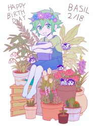 Rule 34 | 1boy, animal, barefoot, basil (headspace) (omori), basil (omori), blue overalls, blue shorts, book, cat, colored skin, dated, dog, g tsurius, green eyes, green hair, green shirt, hair between eyes, happy birthday, head wreath, highres, holding, holding book, light blush, male focus, messy hair, omori, overall shorts, overalls, plant, potted plant, rabbit, shirt, short hair, shorts, simple background, smile, solo, white background, white skin