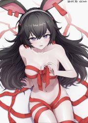 Rule 34 | 1girl, absurdres, animal ears, april (arknights), arknights, arm support, bad id, bad pixiv id, black hair, blush, breasts, collarbone, commentary, cowboy shot, dated, grey background, hair between eyes, highres, long hair, looking at viewer, medium breasts, naked ribbon, navel, nude, parted lips, purple eyes, rabbit ears, red ribbon, ribbon, simple background, solo, stomach, thighs, y0ung