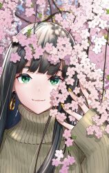 Rule 34 | 1girl, black hair, blunt bangs, brown sweater, cherry blossoms, closed mouth, earrings, flower, flying witch, green eyes, highres, ishizuka chihiro, jewelry, kowata makoto, long hair, looking at viewer, nail polish, official art, outdoors, pink flower, sleeves past wrists, smile, solo, sweater, turtleneck, turtleneck sweater, upper body, yellow nails