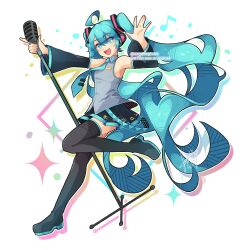 Rule 34 | 1girl, ahoge, black footwear, black skirt, black sleeves, blue eyes, blue hair, blue thighhighs, boots, collared shirt, detached sleeves, full body, grey shirt, hatsune miku, highres, holding, holding microphone, long hair, looking at viewer, microphone, miku day, musical note, sandragh, shirt, signature, skirt, sleeveless, sleeveless shirt, solo, sparkle, thigh boots, thighhighs, twintails, twitter username, vocaloid, watermark, waving, white background