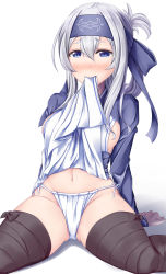 Rule 34 | 10s, 1girl, absurdres, ainu clothes, arm support, arms behind back, ayakase hotaru, bandana, black thighhighs, blue eyes, blush, breasts, clothes lift, commentary request, cropped jacket, dress, dress lift, eyes visible through hair, folded ponytail, hair between eyes, hairband, headband, highres, kamoi (kancolle), kantai collection, large breasts, leaning back, lifted by self, long hair, long sleeves, looking at viewer, mouth hold, navel, nose blush, panties, side-tie panties, sideboob, sidelocks, simple background, sitting, sleeveless, sleeveless dress, solo, thick eyebrows, thighhighs, underwear, wariza, white background, white hair, white panties