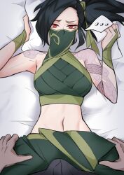 Rule 34 | ..., 1boy, 1girl, absurdres, akali, arm tattoo, black hair, breasts, bulge, crop top, from above, green pants, green ribbon, hair ribbon, hands up, highres, large breasts, league of legends, long hair, looking at viewer, lying, mouth veil, navel, on back, pants, pillow, pillow grab, ribbon, shoulder tattoo, solo focus, solssi, spoken ellipsis, stomach, tattoo, veil