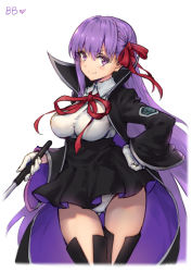 Rule 34 | &gt;:), 10s, 1girl, bb (fate), bb (fate/extra), black thighhighs, breasts, character name, cloak, fate/extra, fate/extra ccc, fate (series), gloves, hair ribbon, hand on own hip, haoni, high-waist skirt, impossible clothes, impossible shirt, large breasts, long hair, panties, purple eyes, purple hair, ribbon, shirt, skirt, smile, solo, taut clothes, taut shirt, thighhighs, underbust, underwear, v-shaped eyebrows, very long hair, white gloves, white panties, wide sleeves
