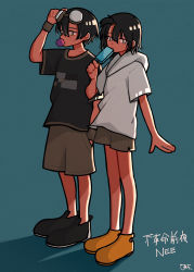 Rule 34 | 1boy, 1girl, black eyes, black footwear, black hair, black shirt, blue background, brown shorts, chewing gum, closed mouth, commentary request, expressionless, food, fukakumei zen&#039;ya, full body, goggles, hair between eyes, highres, holding, hood, hoodie, looking afar, looking at viewer, nee (band), oshikkoman, popsicle, shirt, shoes, short hair, shorts, simple background, white hoodie, wristband, yellow footwear