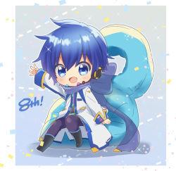 Rule 34 | 1boy, anniversary, birthday, black footwear, blue eyes, blue hair, blue nails, blue pants, blue scarf, boots, chibi, coat, commentary, confetti, hand up, headset, highres, kaito (vocaloid), kaito (vocaloid3), kikuchi mataha, knee boots, looking at viewer, male focus, nail polish, open mouth, pants, scarf, smile, solo, vocaloid, white coat