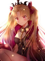 Rule 34 | 1girl, backlighting, bad id, bad pixiv id, between breasts, blonde hair, blush, bow, breasts, cape, closed mouth, commentary request, earrings, ereshkigal (fate), fate/grand order, fate (series), glint, hair ribbon, highres, infinity symbol, jewelry, long hair, looking at viewer, medium breasts, nasii, parted bangs, red cape, red eyes, red ribbon, revision, ribbon, simple background, skull, smile, solo, spine, tiara, two side up, very long hair, white background