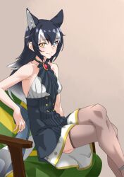 Rule 34 | 1girl, absurdres, alternate costume, animal ear fluff, animal ears, ascot, bare arms, bare shoulders, black dress, black hair, blue eyes, brooch, commentary, crossed legs, dress, extra ears, gem, grey wolf (kemono friends), hair between eyes, heterochromia, highres, jewelry, kemono friends, long hair, looking at viewer, multicolored hair, seat, sitting, sleeveless, sleeveless dress, smile, solo, tail, tanabe (fueisei), thighhighs, two-tone hair, white hair, wolf ears, wolf girl, wolf tail, yellow eyes