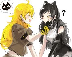 Rule 34 | 2girls, bad id, bad twitter id, black hair, blake belladonna, blonde hair, commentary request, hand on another&#039;s chin, multiple girls, naizo (kimosugimasu), rwby, touching another&#039;s chin, yang xiao long