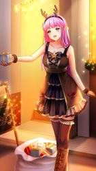 Rule 34 | 1girl, :d, antlers, black hairband, boots, box, breasts, brown dress, brown footwear, brown gloves, brown thighhighs, christmas, cleavage, collarbone, doukyuusei, doukyuusei another world, dress, evening, fake antlers, frilled thighhighs, frills, fur-trimmed gloves, fur trim, game cg, gift, gift bag, gift box, gloves, hair ribbon, hairband, head tilt, holding, holding box, horns, knee boots, large breasts, layered dress, long hair, official art, open mouth, outdoors, pink eyes, pink hair, reindeer antlers, ribbon, sakuragi mai, short dress, sleeveless, sleeveless dress, smile, solo, standing, thighhighs, very long hair, yellow ribbon