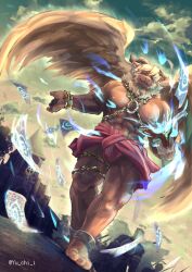 Rule 34 | 1boy, ahamma, animal ears, azazel (housamo), bara, blonde hair, blue fire, book, card, chain, church, commentary request, cuffs, feathered wings, fire, full body, furry, furry male, goat boy, goat ears, goat horns, gold chain, holding, holding book, horns, loincloth, looking at viewer, male focus, muscular, muscular male, neck fur, nipples, open book, open mouth, partial commentary, people, red eyes, shackles, short hair, smile, solo focus, tokyo houkago summoners, twitter username, walking, wings