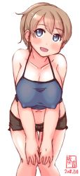 Rule 34 | 1girl, alternate costume, artist logo, bent over, black camisole, blue eyes, blush, breasts, brown hair, brown shorts, camisole, cleavage, collarbone, commentary request, cowboy shot, dated, covered erect nipples, highres, intrepid (kancolle), kanon (kurogane knights), kantai collection, large breasts, leaning forward, navel, open clothes, open mouth, open shirt, ponytail, short hair, short shorts, shorts, simple background, smile, solo, white background