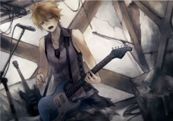 Rule 34 | 1boy, bad id, bad pixiv id, bare shoulders, blonde hair, guitar, instrument, kagamine len, male focus, mg (mica), microphone, microphone stand, music, open mouth, singing, solo, vocaloid