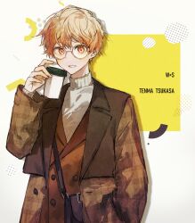 Rule 34 | 1boy, blonde hair, brown bag, brown coat, brown vest, buttons, character name, coat, commentary, cup, disposable cup, double-breasted, highres, holding, holding cup, looking at viewer, male focus, parted lips, plaid, plaid coat, project sekai, round eyewear, smile, solo, sseri 0, sweater, symbol-only commentary, tenma tsukasa, upper body, vest, white sweater, yellow eyes, zozotown