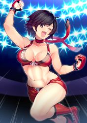 Rule 34 | 1girl, bare shoulders, black hair, boots, breasts, choker, cleavage, collarbone, commentary request, eyes visible through hair, gloves, hinomoto reiko, kupala, large breasts, midriff, mole, mole on breast, navel, one eye closed, open mouth, rumble roses, short hair, shorts, sleeveless, solo, teeth, tongue, wink