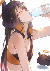 Rule 34 | 1girl, absurdres, bare shoulders, betabeet, black hair, bottle, drinking, closed eyes, flat chest, halo, highres, hololive, hololive english, long hair, mole, mole under eye, ninomae ina&#039;nis, simple background, solo focus, sports bra, sportswear, sweat, sweatband, takodachi (ninomae ina&#039;nis), tentacle hair, upper body, virtual youtuber, water bottle, white background