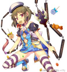 Rule 34 | 1girl, argyle, argyle clothes, argyle cutout, bad id, bad pixiv id, bare arms, bare shoulders, blue footwear, blush, boots, bow, breasts, candy, cleavage cutout, clothing cutout, copyright request, fang, food, gluteal fold, green hair, hat, holding, holding weapon, ikura hato, lollipop, looking at viewer, mouth hold, navel, navel cutout, nunchaku, pink eyes, short hair, side slit, simple background, small breasts, solo, striped clothes, striped thighhighs, sweets, teeth, thighhighs, weapon, white background