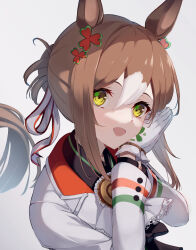 Rule 34 | 1girl, :d, animal ears, ascot, blush, brown hair, close-up, clover hair ornament, coffee1223, commentary, double-parted bangs, eyelashes, fine motion (umamusume), gloves, hair between eyes, hair bun, hair ornament, hair ribbon, hands up, head rest, highres, horse ears, horse girl, jacket, long sleeves, looking at viewer, medium hair, multicolored hair, open mouth, own hands clasped, own hands together, ribbon, sidelocks, simple background, single hair bun, smile, solo, streaked hair, umamusume, white ascot, white background, white gloves, white hair, white jacket, white ribbon, yellow eyes