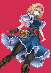 Rule 34 | 1girl, absurdres, alice margatroid, animal skull, belt, black pantyhose, blonde hair, blue dress, blue eyes, book, boots, breasts, brown footwear, capelet, claws, closed mouth, commentary request, cross-laced footwear, dress, dutch angle, eyelashes, feet out of frame, fingerless gloves, frilled capelet, frilled hairband, frills, gloves, grimoire of alice, hairband, half-closed eyes, highres, keyhole, lace-up boots, light smile, lolita hairband, medium breasts, omigawa namari, outstretched arms, pantyhose, petticoat, pink lips, puffy short sleeves, puffy sleeves, red background, red belt, red hairband, red neckwear, shirt, short dress, short hair, short sleeves, simple background, single glove, skull, solo, standing, thighs, touhou, white capelet, white shirt