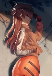 Rule 34 | 10s, 1girl, adjusting clothes, adjusting headwear, animal ears, animal hat, ass, bad id, bad pixiv id, black hat, blue eyes, blush, bodysuit, bodysuit under clothes, breasts, brown jacket, cat hat, closed mouth, cowboy shot, crack, curvy, english text, evangelion: 3.0 you can (not) redo, fake animal ears, from side, gloves, hand in pocket, hand on headwear, hand up, hat, huge ass, jacket, logo, long hair, long sleeves, looking at viewer, looking back, medium breasts, neon genesis evangelion, nerv, orange hair, pilot suit, plugsuit, pocket, rebuild of evangelion, red bodysuit, serious, shade, shaded face, shadow, shiny clothes, single vertical stripe, skin tight, souryuu asuka langley, standing, tape, track jacket, turtleneck, twintails, two side up, wide hips