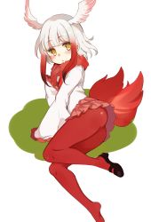 Rule 34 | 10s, 1girl, ass, black footwear, gloves, head wings, highres, japanese crested ibis (kemono friends), kemono friends, long hair, long sleeves, looking at viewer, lying, multicolored hair, pantyhose, paragasu (parags112), red gloves, red hair, red pantyhose, red skirt, shoes, single shoe, skirt, solo, tail, two-tone hair, white hair, wings, yellow eyes