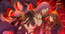 Rule 34 | 1girl, breasts, cleavage, fate/grand order, fate (series), gorgon (fate), lamia, large breasts, long hair, medusa (fate), medusa (rider) (fate), midriff, monster girl, navel, purple eyes, purple hair, revealing clothes, rider, tagme, type-moon, yumyum