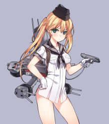 Rule 34 | 10s, 1girl, bad id, bad pixiv id, blonde hair, blue background, blue eyes, gloves, hat, kantai collection, original, personification, simple background, solo, tama (tamatamo), twintails, uss everett f. larson (dd-830)
