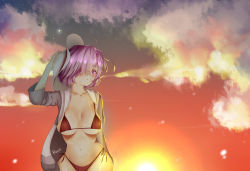 Rule 34 | 1girl, arm up, artist name, backlighting, bikini, breasts, breasts apart, chestnut mouth, cloud, cloudy sky, collarbone, fate (series), fou (fate), glasses, grey jacket, groin, hair over one eye, hand on headwear, hat, highres, jacket, long sleeves, looking at viewer, mash kyrielight, medium breasts, navel, open clothes, open jacket, orange sky, outdoors, purple eyes, purple hair, red bikini, rono, shiny skin, short hair, side-tie bikini bottom, signature, sky, solo, star (sky), starry sky, stomach, sun, sun hat, sunlight, sunset, sweat, swimsuit, white hat, wide hips