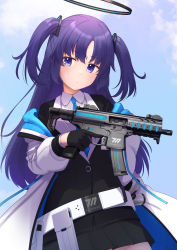 Rule 34 | 1girl, basa rutan, black gloves, black jacket, black skirt, blue archive, blue necktie, blue sky, cloud, collared shirt, commentary request, day, gloves, gun, half gloves, halo, highres, holding, holding gun, holding weapon, jacket, long hair, long sleeves, necktie, off shoulder, open clothes, open jacket, outdoors, parted bangs, pleated skirt, puffy long sleeves, puffy sleeves, purple eyes, purple hair, shirt, sig sauer, sig mpx, skirt, sky, solo, submachine gun, trigger discipline, two side up, very long hair, weapon, white jacket, white shirt, yuuka (blue archive)