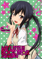 Rule 34 | 1girl, :d, black hair, blush, brown eyes, cover, cover page, flat chest, highres, k-on!, long hair, looking at viewer, looking back, nakano azusa, okara, open mouth, pleated skirt, polka dot, polka dot background, profile, ribbon, round teeth, school uniform, skirt, smile, solo, star (symbol), sweater vest, teeth, twintails, upper body, very long hair, vest