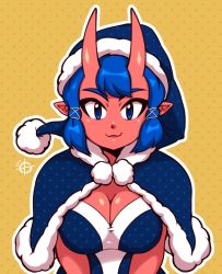 Rule 34 | 1girl, :3, blue eyes, blue hair, blush, breasts, capelet, cinna (taggo), cleavage, closed mouth, colored skin, eyebrows, hat, highres, horns, large breasts, looking at viewer, oni, oni horns, original, pointy ears, red skin, santa hat, short hair, smile, solo, taggo, upper body