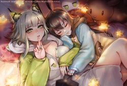 Rule 34 | 2girls, amiya (arknights), animal ear fluff, animal ears, arknights, artist name, blue sweater, breasts, cat ears, cat girl, character doll, character name, cleavage, closed eyes, collarbone, copyright name, dated, green eyes, green hair, green sweater, grey sweater, hairtail, highres, hood, hood down, hooded sweater, hug, index finger raised, jewelry, kal&#039;tsit (arknights), lips, long hair, long sleeves, medium breasts, multiple girls, multiple rings, pajamas, parted lips, partially unbuttoned, rabbit ears, rabbit girl, ring, sleeping, smile, star (symbol), stuffed animal, stuffed rabbit, stuffed toy, sweater, two-tone sweater