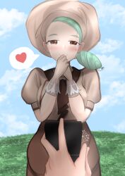 Rule 34 | apron, crying, engagement, gloves, green hair, hat, heart, highres, katy (pokemon), mole