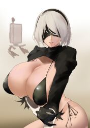 Rule 34 | 1girl, 2b (nier:automata), absurdres, alternate breast size, bad id, bad twitter id, bikini, black bikini, black blindfold, black gloves, black hairband, blindfold, breasts, cleavage, covered eyes, feather-trimmed sleeves, gloves, hairband, highleg, highleg bikini, highres, huge breasts, juliet sleeves, kasumi saika, long sleeves, looking at viewer, mole, mole under mouth, nier:automata, nier (series), parted lips, pod (nier:automata), puffy sleeves, short hair, shrug (clothing), swimsuit, white hair
