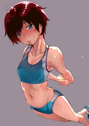 Rule 34 | 1girl, arched back, arms behind back, blue eyes, brown hair, buruma, looking at viewer, midriff, navel, no socks, parted lips, shoes, short hair, simple background, sneakers, solo, sports bikini, stretching, sweat, track uniform, utu (wakon)