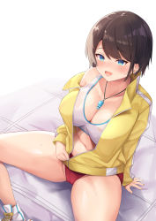 Rule 34 | 1girl, :d, absurdres, bare shoulders, bed, blue eyes, breasts, brown hair, buruma, cameltoe, cleavage, highres, hololive, jacket, kusana (dudqja602), large breasts, long sleeves, looking at viewer, navel, oozora subaru, open clothes, open jacket, open mouth, red buruma, shirt, shoes, short hair, sitting, sleeveless, sleeveless shirt, smile, sneakers, solo, track uniform, virtual youtuber, whistle, whistle around neck, white footwear, white shirt, yellow jacket