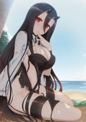 Rule 34 | 10s, 1girl, abyssal ship, battleship princess, beach, black dress, black hair, black panties, breasts, burnt clothes, colored eyelashes, day, dress, eyes visible through hair, finger to mouth, from side, hair between eyes, highres, horns, kantai collection, large breasts, looking at viewer, military, military uniform, naval uniform, ocean, outdoors, pale skin, palm tree, panties, panties around leg, red eyes, revision, serious, shiny skin, side-tie panties, sitting, skin-covered horns, solo, tachimi (basue), thighs, torn clothes, torn dress, tree, under tree, underwear, uniform, unworn panties