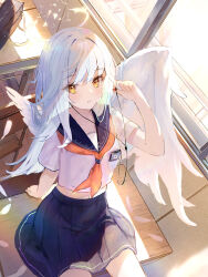 Rule 34 | 1girl, angel wings, arm support, bag, blue sailor collar, classroom, collarbone, collared shirt, desk, earphones, feathers, from above, grey skirt, hair intakes, highres, indoors, leaning back, long hair, midriff, miniskirt, navel, neckerchief, on desk, orange neckerchief, original, parted lips, pleated skirt, rei (farta litia), sailor collar, sailor shirt, school bag, school uniform, serafuku, shirt, short sleeves, sitting, on desk, skirt, solo, stomach, straight hair, white feathers, white hair, white shirt, white wings, wings, yellow eyes