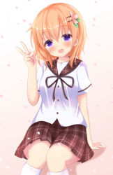 Rule 34 | 1girl, :d, black ribbon, blush, breasts, brown background, brown sailor collar, brown skirt, commentary request, dress shirt, feet out of frame, gochuumon wa usagi desu ka?, gradient background, hair between eyes, hand up, head tilt, highres, hoto cocoa, kedama (kedama akaza), kneehighs, long hair, looking at viewer, neck ribbon, open mouth, orange hair, petals, plaid, plaid sailor collar, plaid skirt, pleated skirt, purple eyes, ribbon, sailor collar, shirt, short sleeves, sitting, skirt, small breasts, smile, socks, solo, v, white background, white shirt, white socks