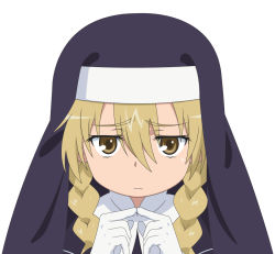 Rule 34 | 1girl, angelene, blonde hair, braid, brown eyes, child, female focus, fidgeting, frown, highres, index fingers together, nun, portrait, simple background, smile (rz), solo, steepled fingers, toaru majutsu no index, traditional nun, twin braids, wavy mouth, white background