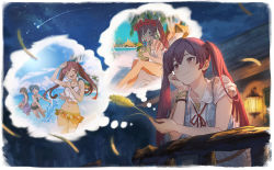 Rule 34 | bare legs, bare shoulders, bikini, blurry, brown eyes, character request, cocktail umbrella, depth of field, drinking, eyebrows, frilled bikini, frills, granblue fantasy, hair ornament, head rest, holding, multiple girls, navel, official art, shooting star, sky, smile, solo focus, star (sky), starry sky, swimsuit, twintails, wading