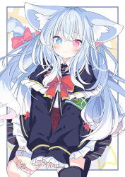 Rule 34 | 1girl, :3, animal ear fluff, animal ears, black jacket, black socks, black thighhighs, blue bow, blue eyes, bow, closed mouth, collared shirt, commission, copyright request, daidai ookami, frilled jacket, frilled sleeves, frills, grey hair, hair between eyes, heterochromia, highres, jacket, kneehighs, long sleeves, looking at viewer, necktie, pink bow, puffy long sleeves, puffy sleeves, red bow, red eyes, red skirt, shirt, single kneehigh, single sock, single thighhigh, skeb commission, skirt, sleeves past wrists, smile, socks, solo, tail, tail bow, tail ornament, thighhighs, white shirt