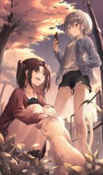 Rule 34 | 2girls, :d, bare legs, black shorts, blue jacket, blush, brown hair, cat, cellphone, grey hair, hand in pocket, hand on own knee, highres, holding, holding phone, jacket, long hair, long sleeves, looking at phone, mame (hyeon5117), multiple girls, open clothes, open jacket, open mouth, original, outdoors, petting, phone, plant, red eyes, red jacket, shirt, shorts, smartphone, smile, squatting, standing, torn clothes, torn shorts, tree, two side up, white shirt, yellow eyes
