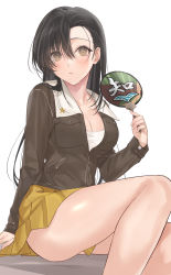 Rule 34 | 1girl, asymmetrical bangs, black hair, blush, breasts, brown eyes, brown jacket, chi-hatan military uniform, cleavage, collarbone, collared jacket, eyelashes, frown, girls und panzer, hand fan, highres, hot, jacket, large breasts, long hair, looking at viewer, mexif, military, military uniform, nishi kinuyo, paper fan, simple background, sitting, skirt, solo, sweat, uchiwa, uniform, white background, yellow skirt