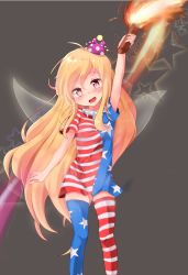 Rule 34 | 1girl, american flag legwear, bad id, bad pixiv id, clownpiece, fairy wings, gradient background, hat, highres, long hair, mini hat, septet (zrca janne), simple background, solo, thighhighs, touhou, wings