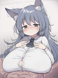 Rule 34 | 1boy, 1girl, animal ear fluff, animal ears, blush, breasts, cleavage, clothed female nude male, grey eyes, grey hair, hetero, highres, huge breasts, large breasts, light smile, long hair, long sleeves, nude, original, paizuri, paizuri under clothes, shirt, simple background, smile, solo focus, sweatdrop, tozaumo, white shirt, wolf ears