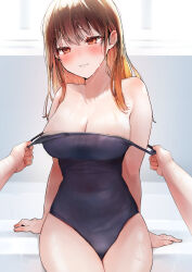 Rule 34 | 1boy, 1girl, arm support, bare arms, bare shoulders, black one-piece swimsuit, breasts, brown hair, cleavage, clothes pull, collarbone, commentary request, cowboy shot, hair between eyes, highres, large breasts, one-piece swimsuit, one-piece swimsuit pull, original, out of frame, parted lips, pulling another&#039;s clothes, red eyes, sitting, solo focus, swimsuit, tomozero, wet
