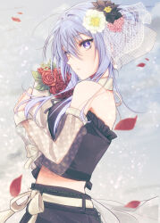 1girl bare_shoulders birthday black_flower black_shorts black_tube_top blue_hair bouquet breasts chain closed_mouth collar commentary_request cowboy_shot crossed_bangs detached_collar detached_sleeves eyelashes flower frilled_tube_top frills from_side hair_bun hair_flower hair_ornament highres holding holding_bouquet idol idol_clothes idolmaster idolmaster_shiny_colors idolmaster_shiny_colors_song_for_prism long_bangs long_hair looking_at_viewer looking_to_the_side midriff official_alternate_costume official_alternate_hairstyle petals pink_flower purple_eyes red_flower red_petals red_rose rose rose_petals see-through_clothes see-through_sleeves shorts solo standing straight_hair strapless suzuki_hana tube_top white_collar white_flower yuimaru_(sznmjnkn)