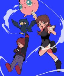 Rule 34 | 1boy, 1girl, :d, arm up, bad id, bad twitter id, black dress, black footwear, black gloves, black jacket, blue background, brown hair, closed mouth, commentary request, creatures (company), dress, from below, game freak, gen 1 pokemon, gen 2 pokemon, gloves, green (pokemon), grey eyes, grey pants, hand up, highres, holding, holding pokemon, jacket, jigglypuff, korean commentary, murkrow, nintendo, open mouth, pants, pokemon, pokemon (creature), pokemon adventures, shoes, short hair, silber 1224, silver (pokemon), smile, socks, teeth, tongue, upper teeth only, white gloves, white legwear