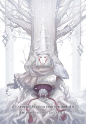 Rule 34 | 1boy, absurdres, armor, bare tree, blasphemous, blood, bloody tears, breastplate, clovergrasswang, commentary, english commentary, english text, helmet, highres, mask, penitent one, scarf, shoulder armor, solo, spoilers, thorns, tree, white theme